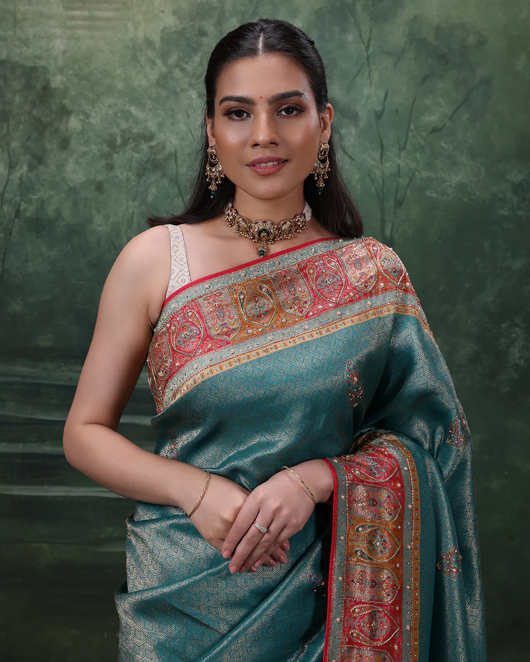 Turquoise Shimmer Silk Saree With Multicolor Embroidered Border And Unstitched Blouse Fabric - Image 4