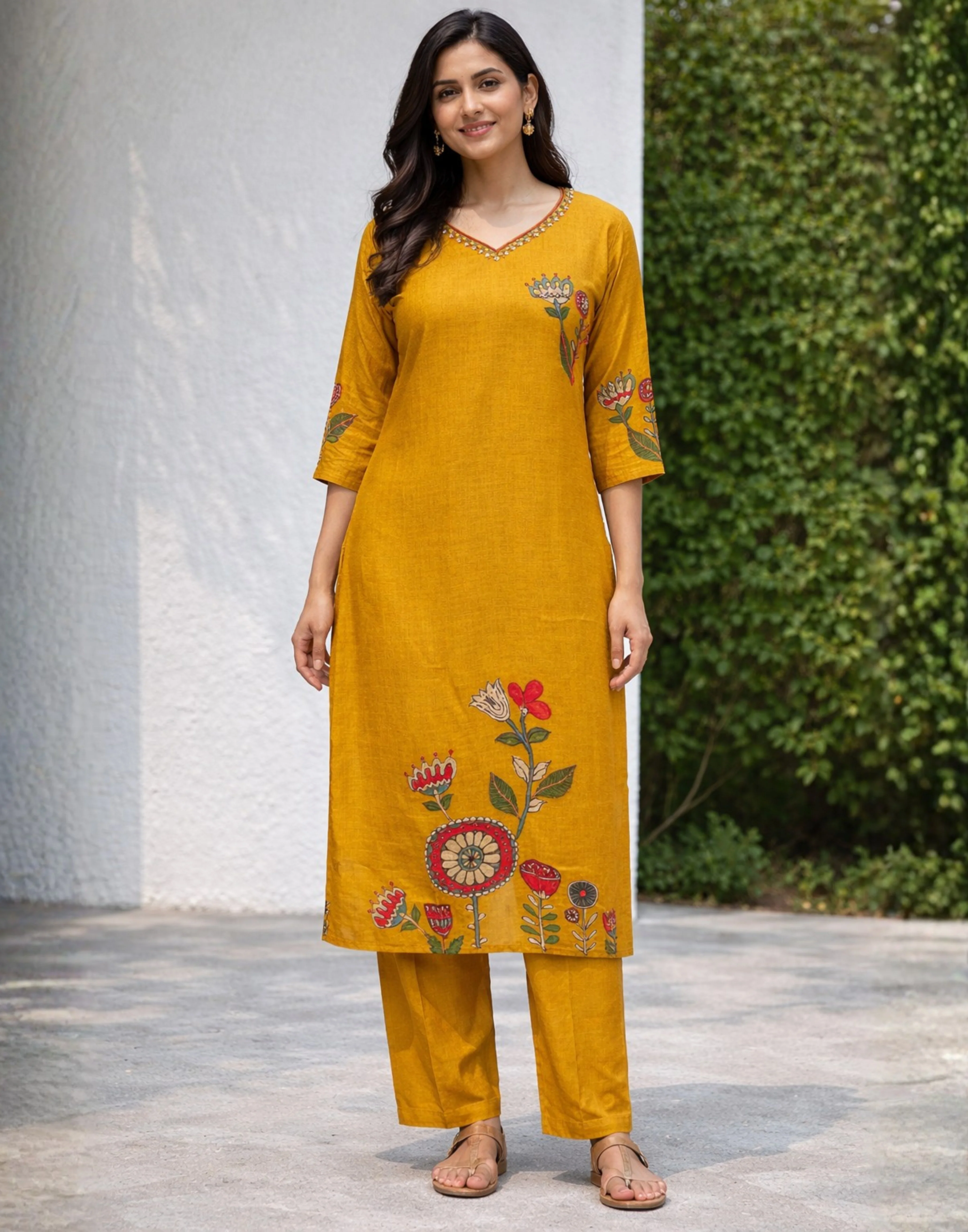 Tuscan Mustard Printed Art Silk Kurta Set - Image 2
