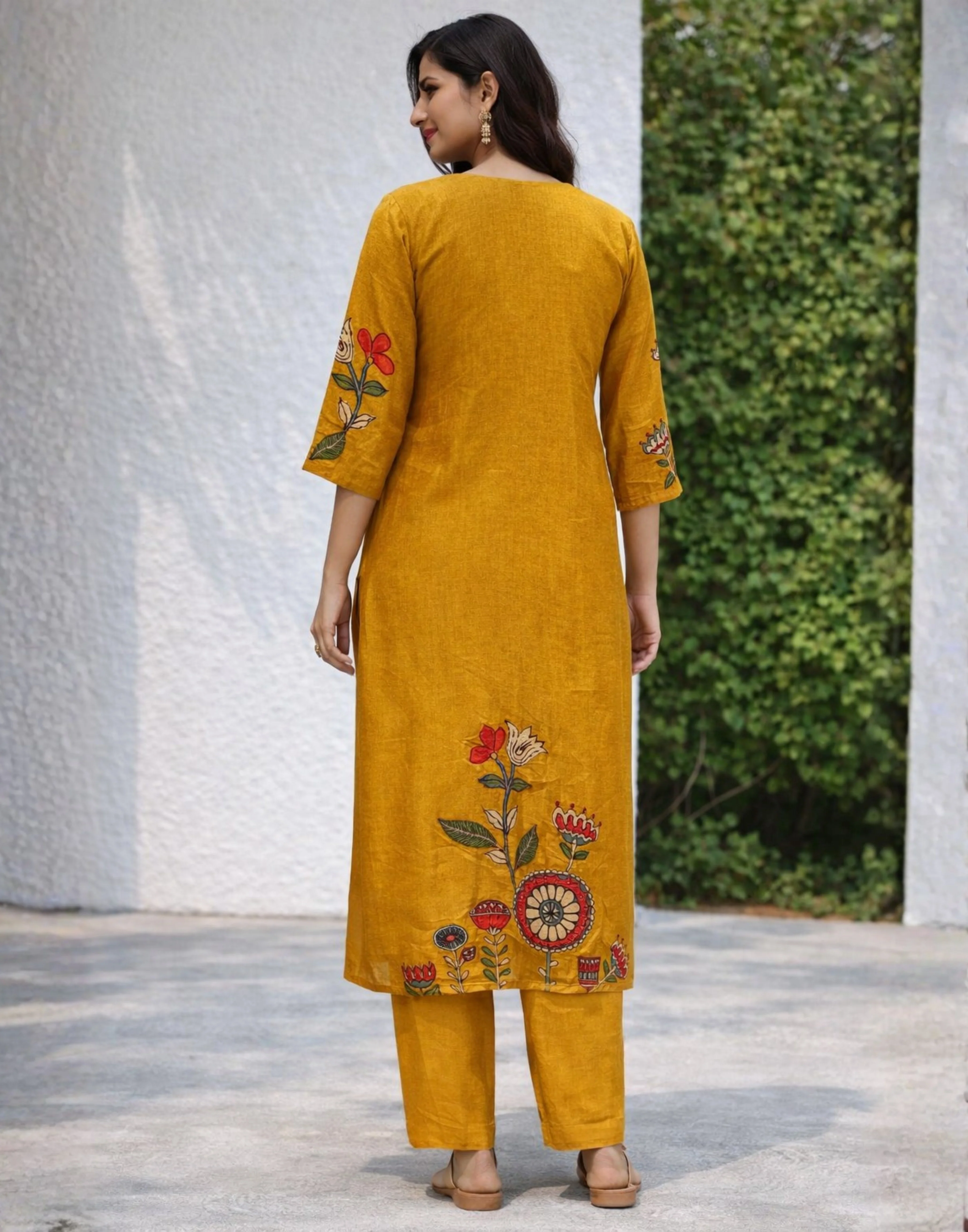 Tuscan Mustard Printed Art Silk Kurta Set - Image 3