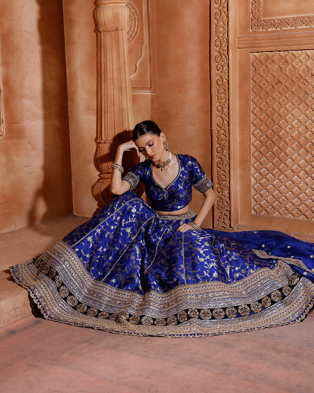 Velour Cobalt Banarasi Brocade Silk Lehenga Set - Image 3