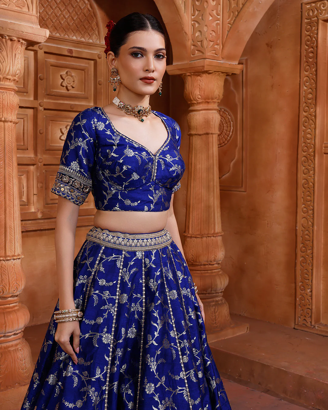 Velour Cobalt Banarasi Brocade Silk Lehenga Set - Image 4