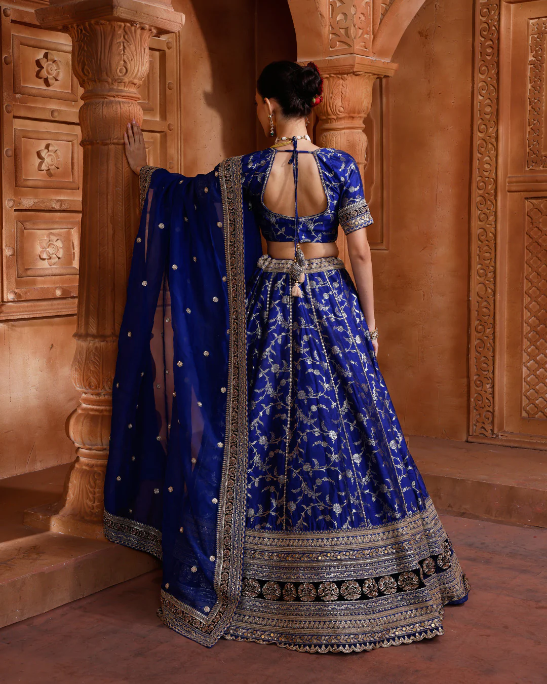 Velour Cobalt Banarasi Brocade Silk Lehenga Set - Image 5