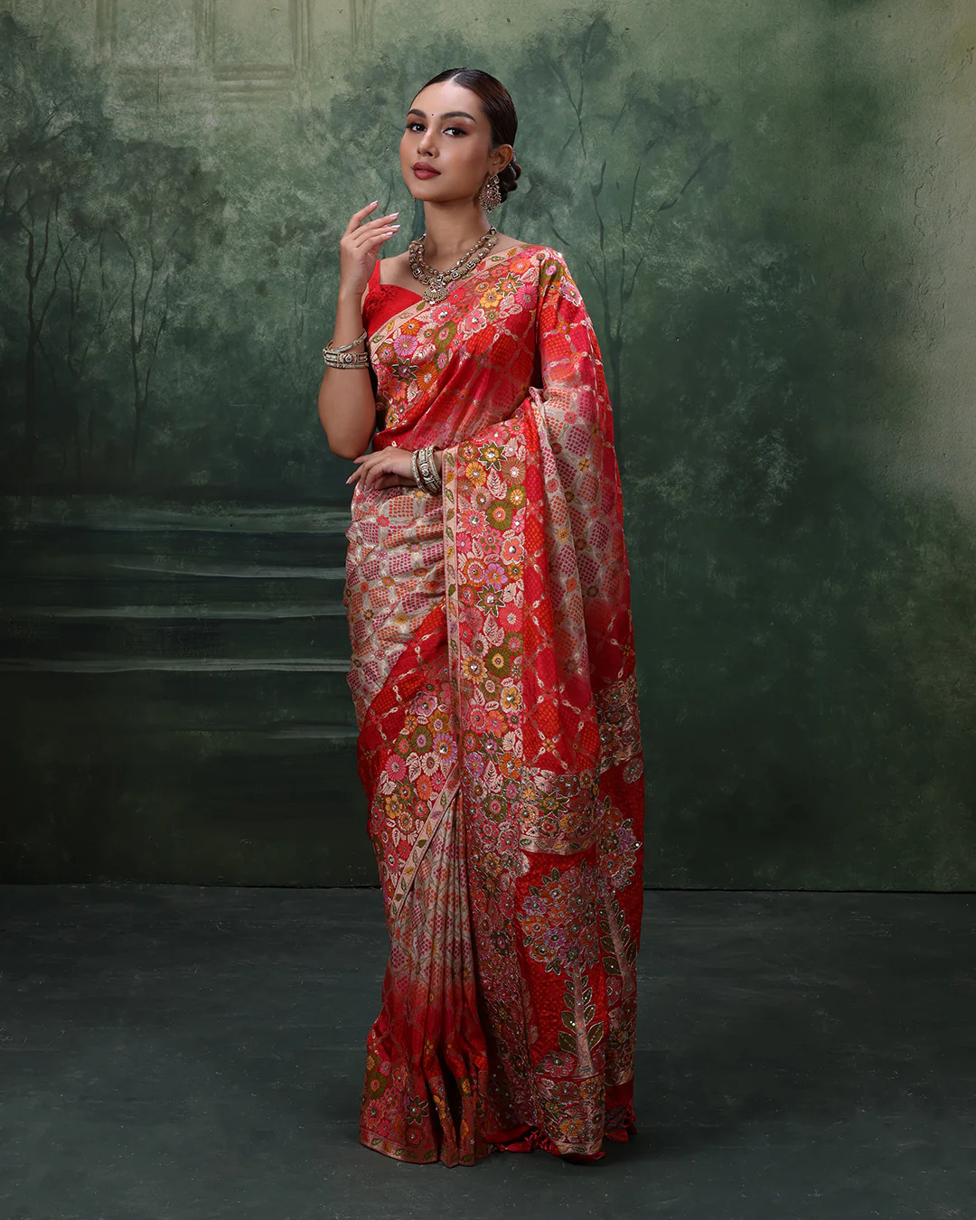 Vermilion Pearl Banarasi Bandhej Silk Saree - Image 2