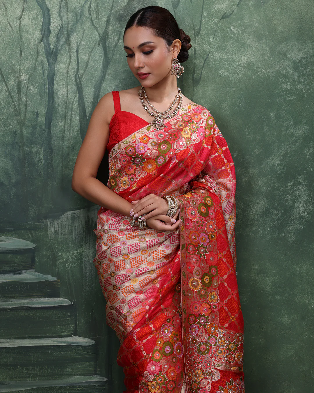 Vermilion Pearl Banarasi Bandhej Silk Saree - Image 3