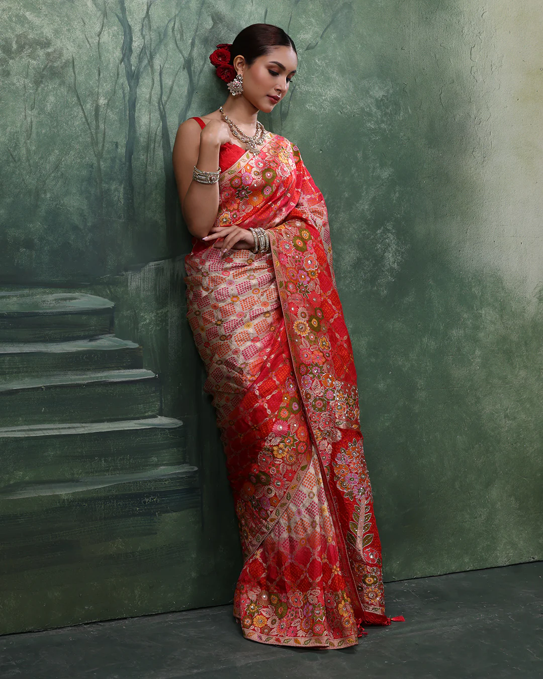 Vermilion Pearl Banarasi Bandhej Silk Saree - Image 4