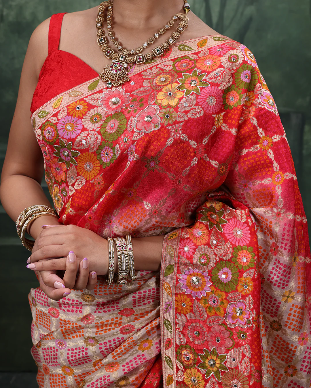 Vermilion Pearl Banarasi Bandhej Silk Saree - Image 5