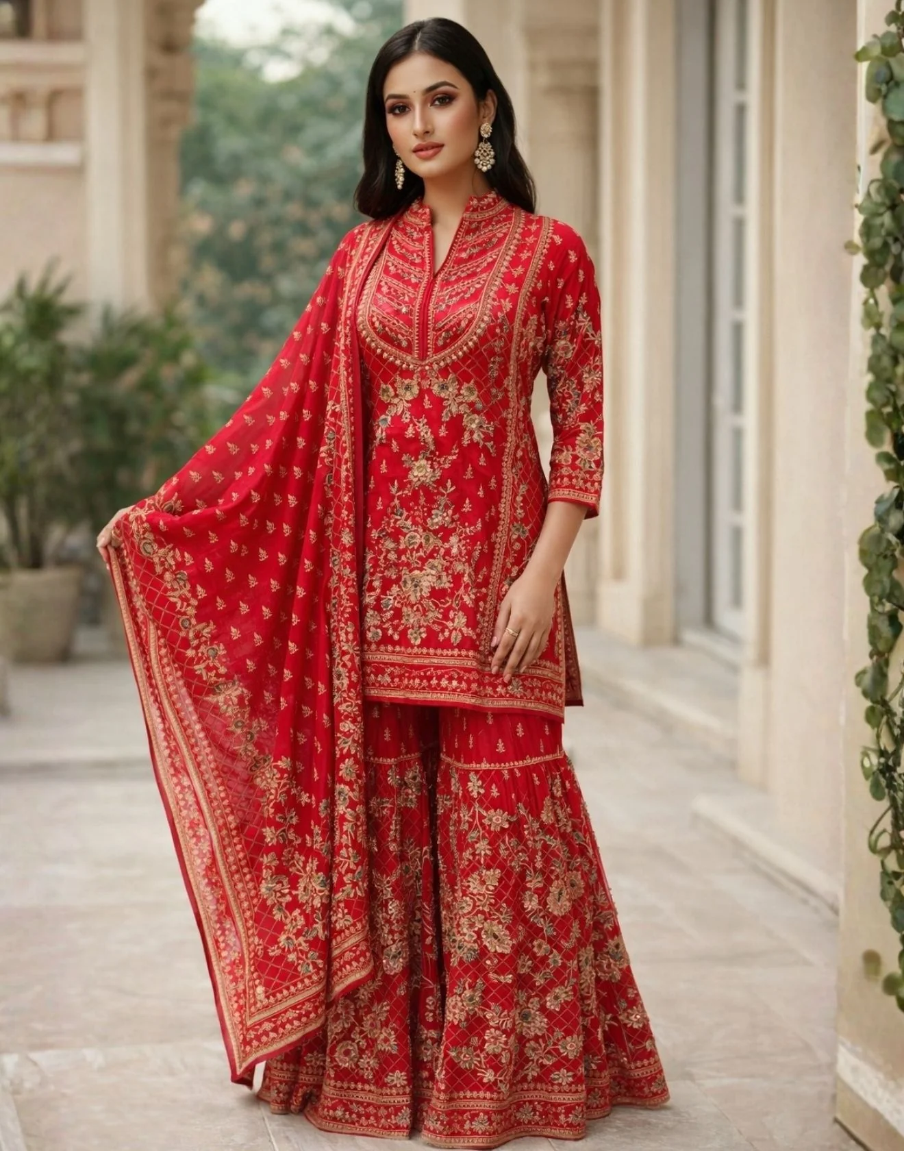 Vermillion Red Printed Festive Sharara Kurta Set