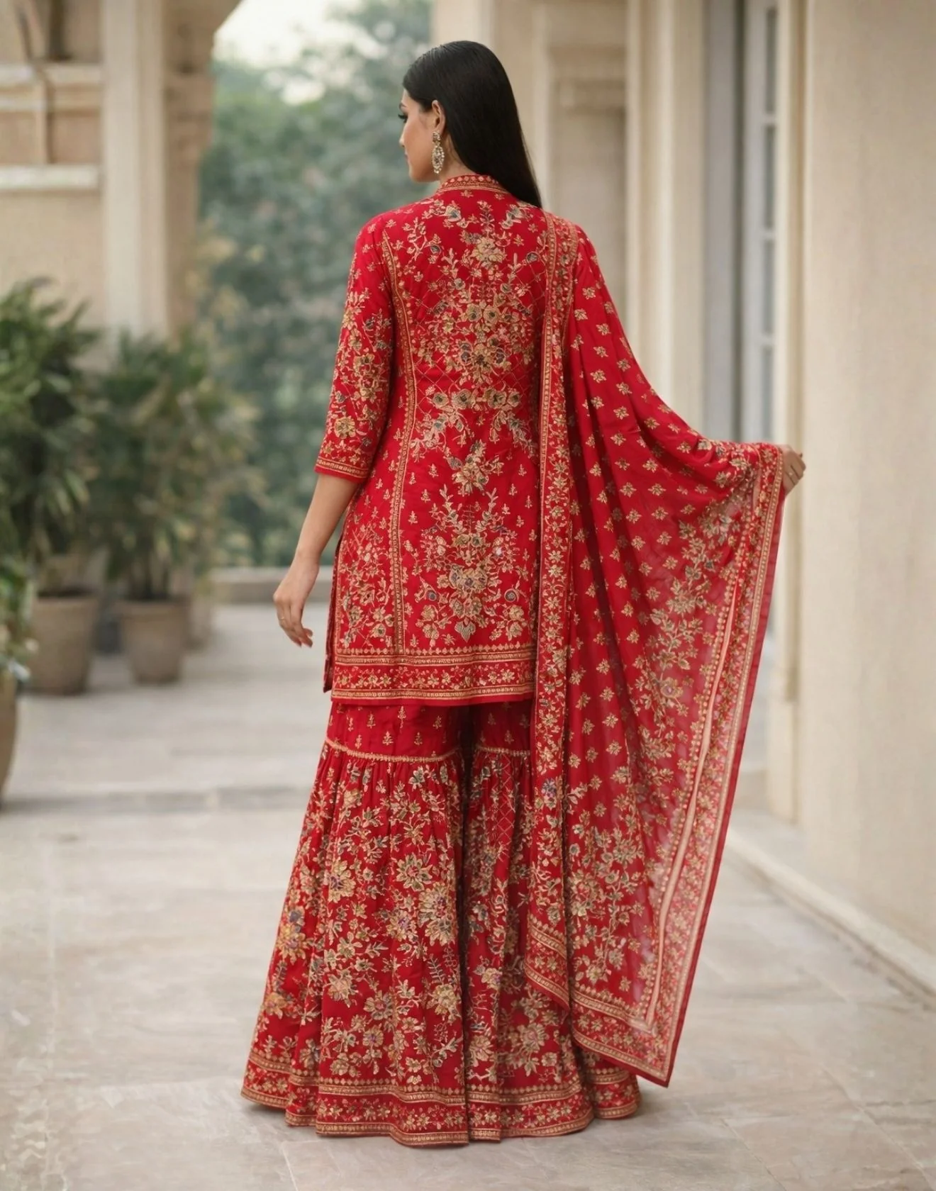 Vermillion Red Printed Festive Sharara Kurta Set - Image 2