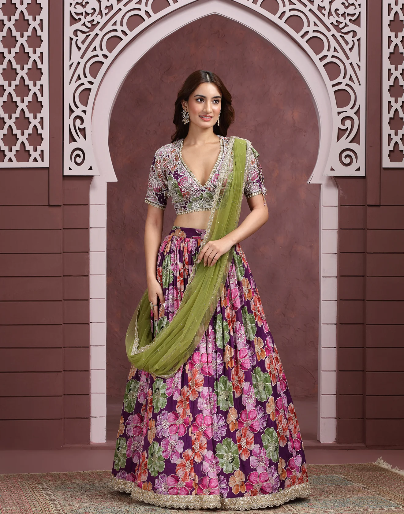 Vibrant Bloom Embroidered Georgette Lehenga Set - Image 2