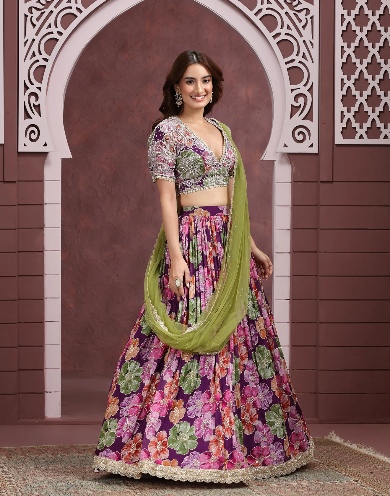 Vibrant Bloom Embroidered Georgette Lehenga Set - Image 3