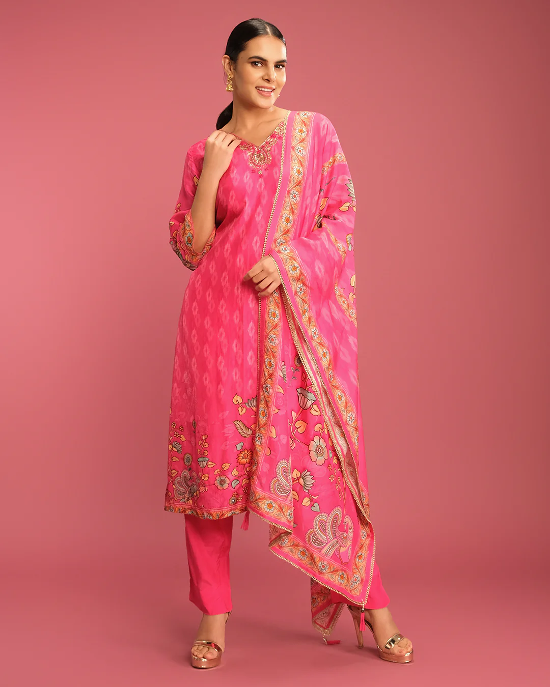 Vibrant Fuschia Ikkat & Kalamkari Printed Kurta Set
