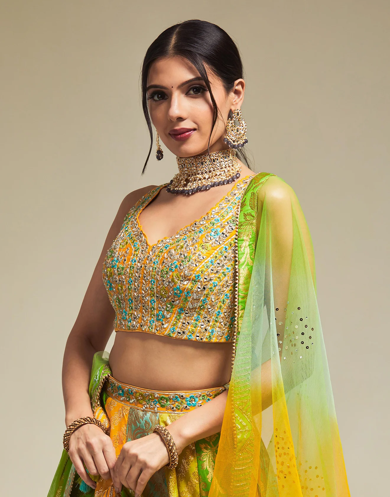 Vibrant Green Multi Hued Traditional Lehenga Set - Image 3