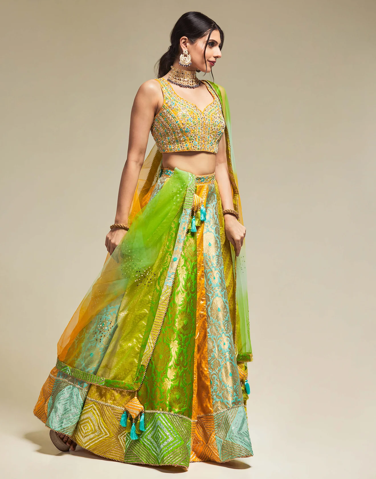 Vibrant Green Multi Hued Traditional Lehenga Set - Image 4