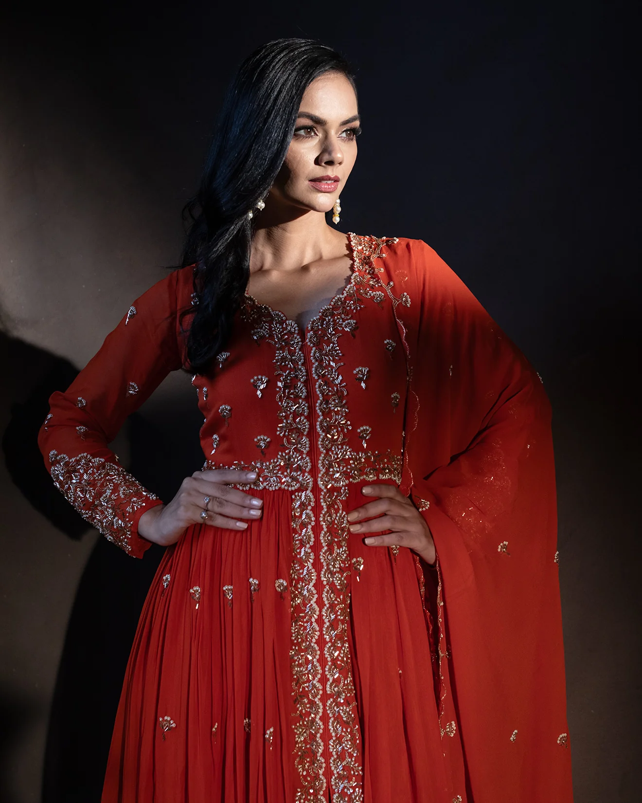 Vibrant Orange Embroidered Front Slit Suit Set - Image 3
