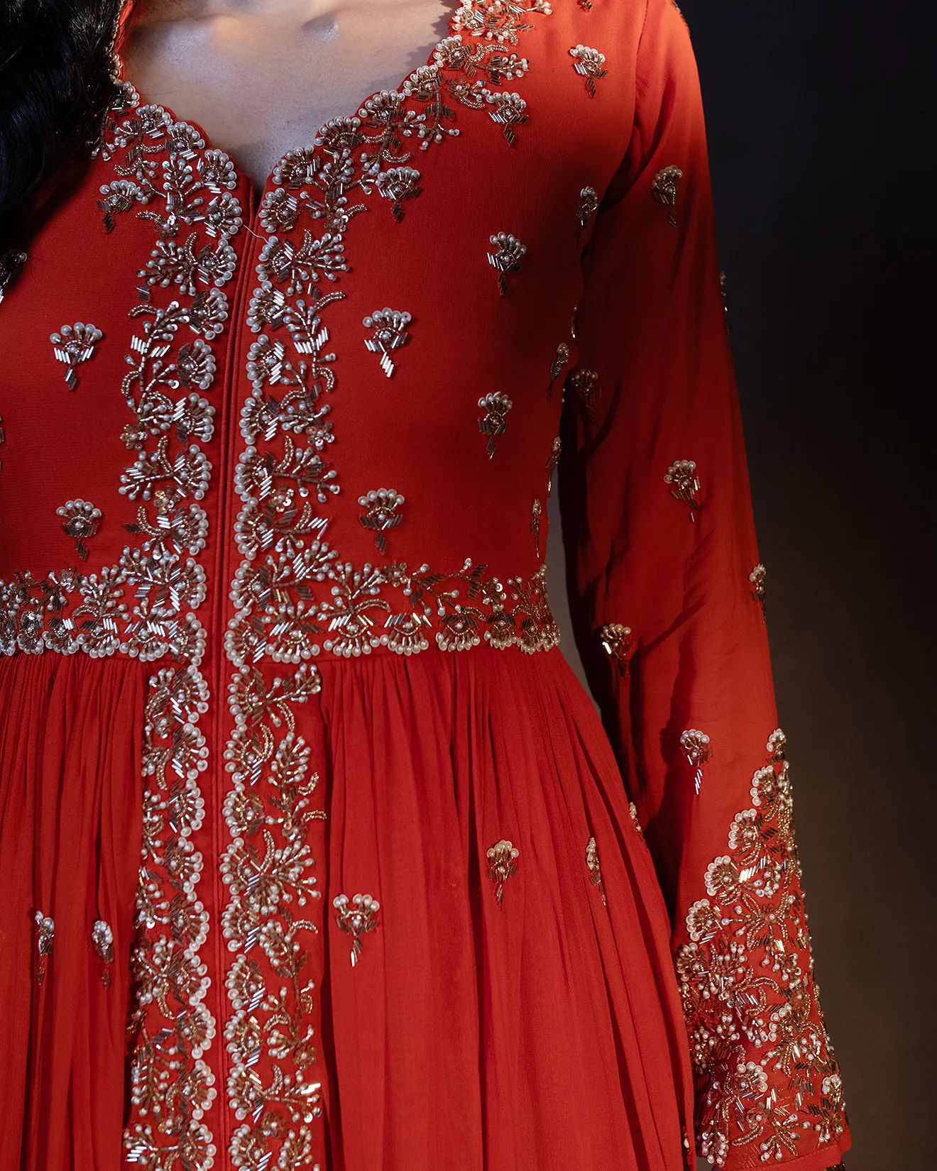 Vibrant Orange Embroidered Front Slit Suit Set - Image 4