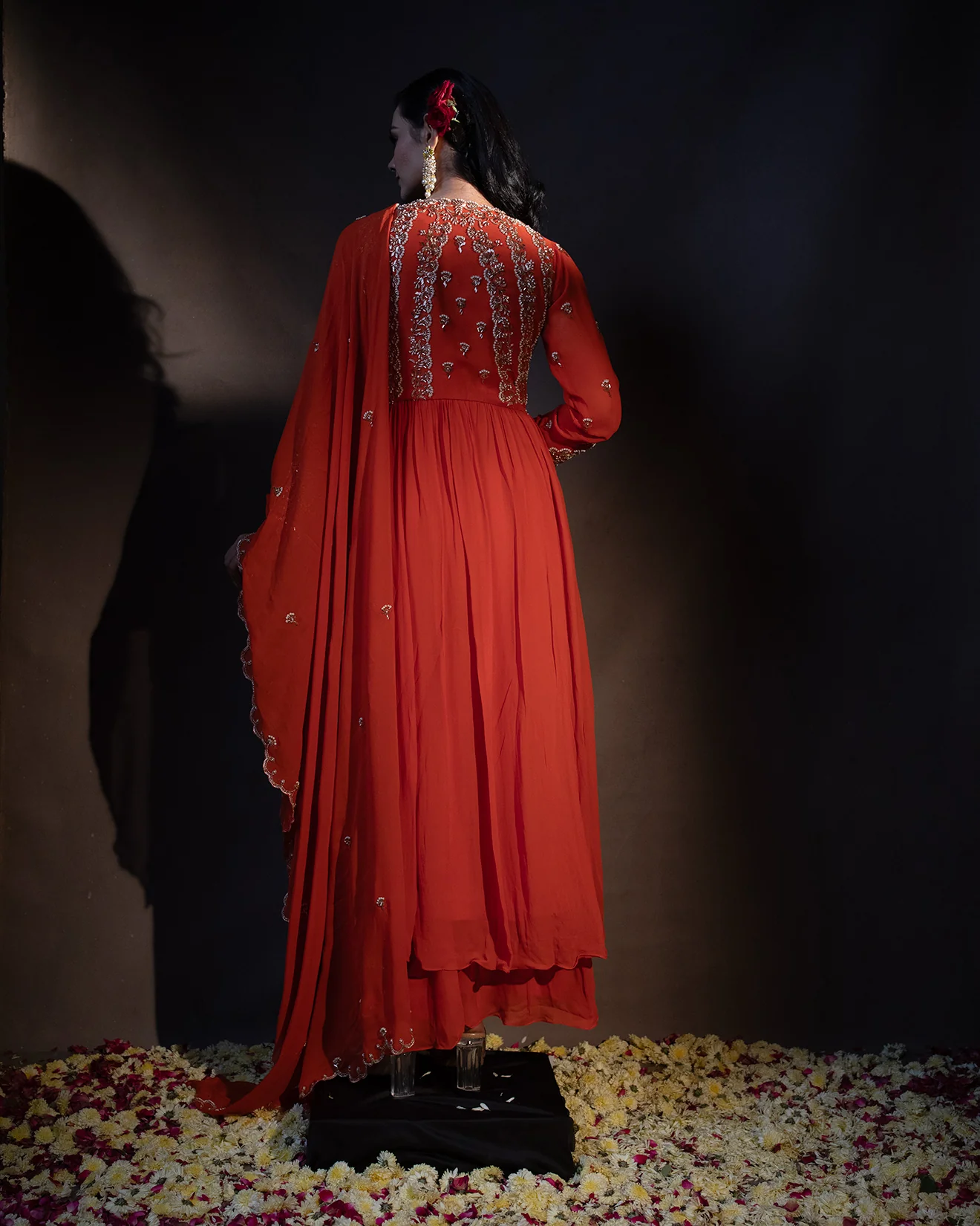 Vibrant Orange Embroidered Front Slit Suit Set - Image 5