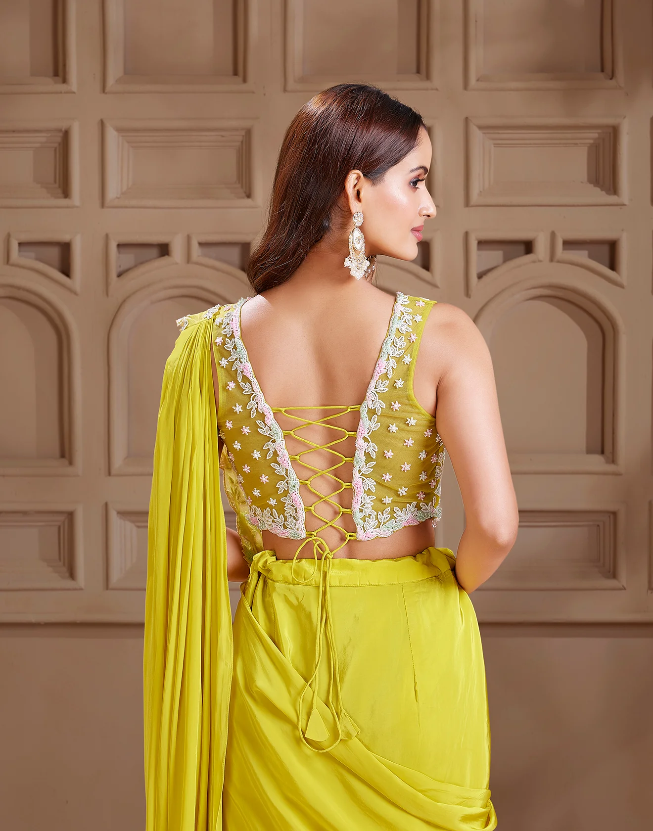 Vibrant Parakeet Embellished Pre-Stitched Saree - Image 3