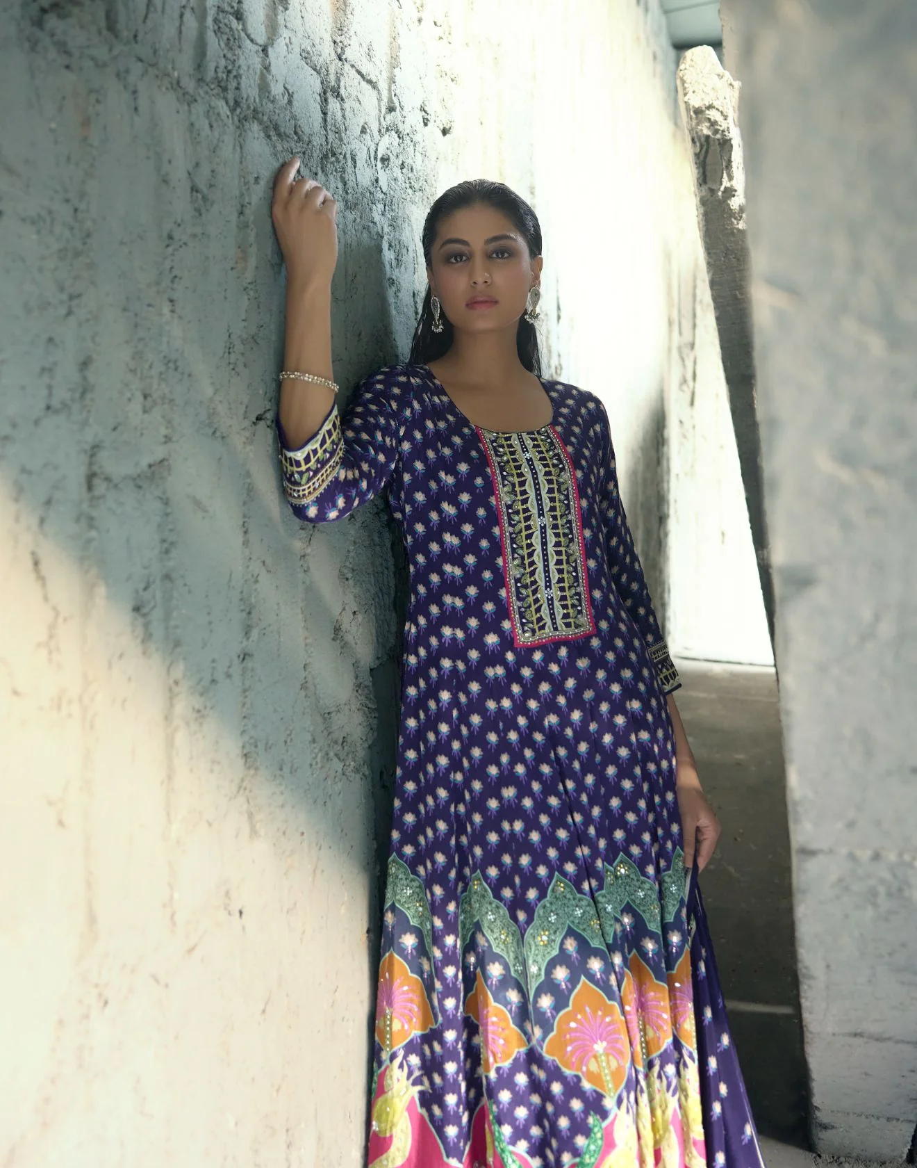 Vibrant Purple Pure Crepe Festive Anarkali Set - Image 4