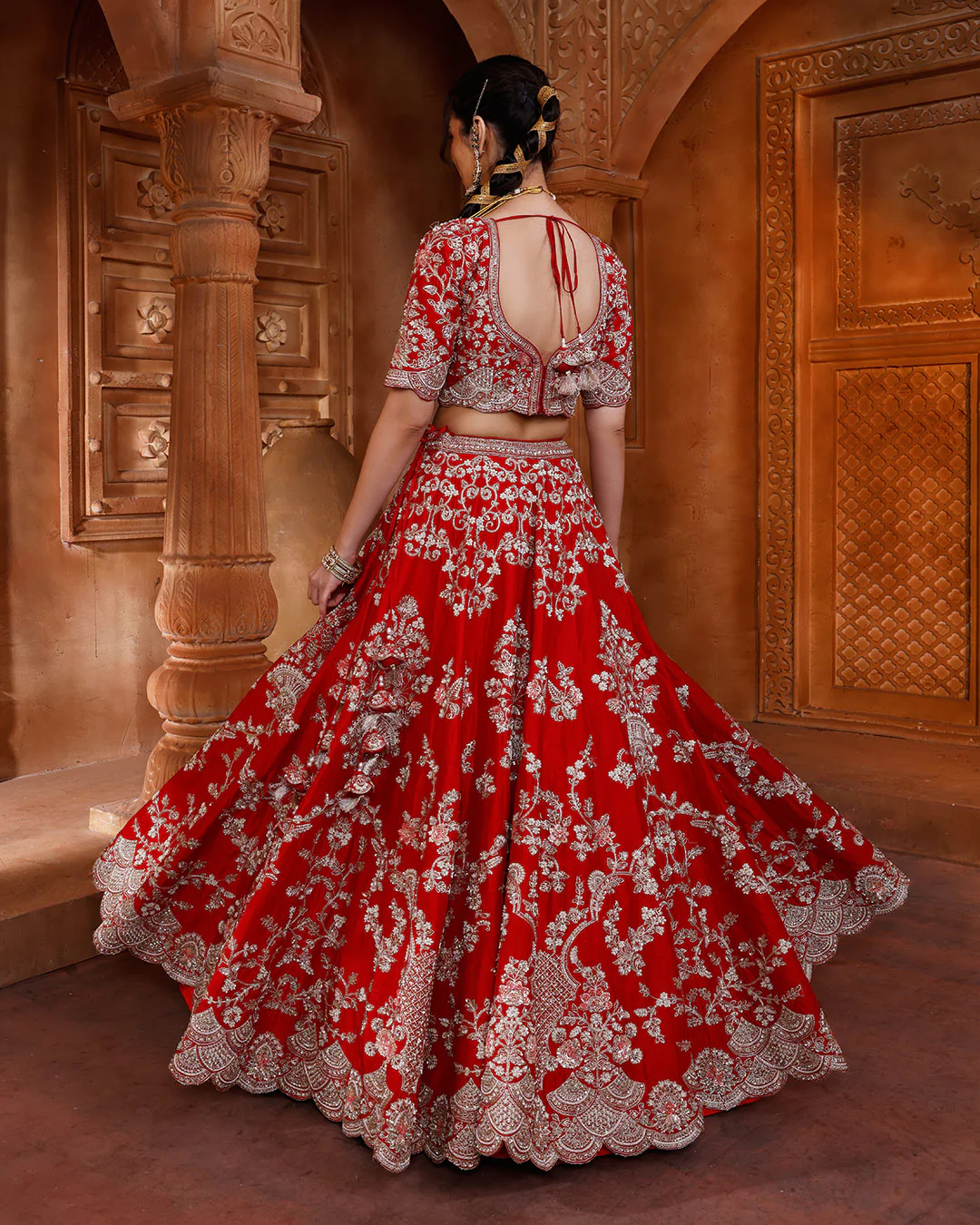 Vibrant Red Embroidered bridal Lehenga In Pure Silk - Image 5