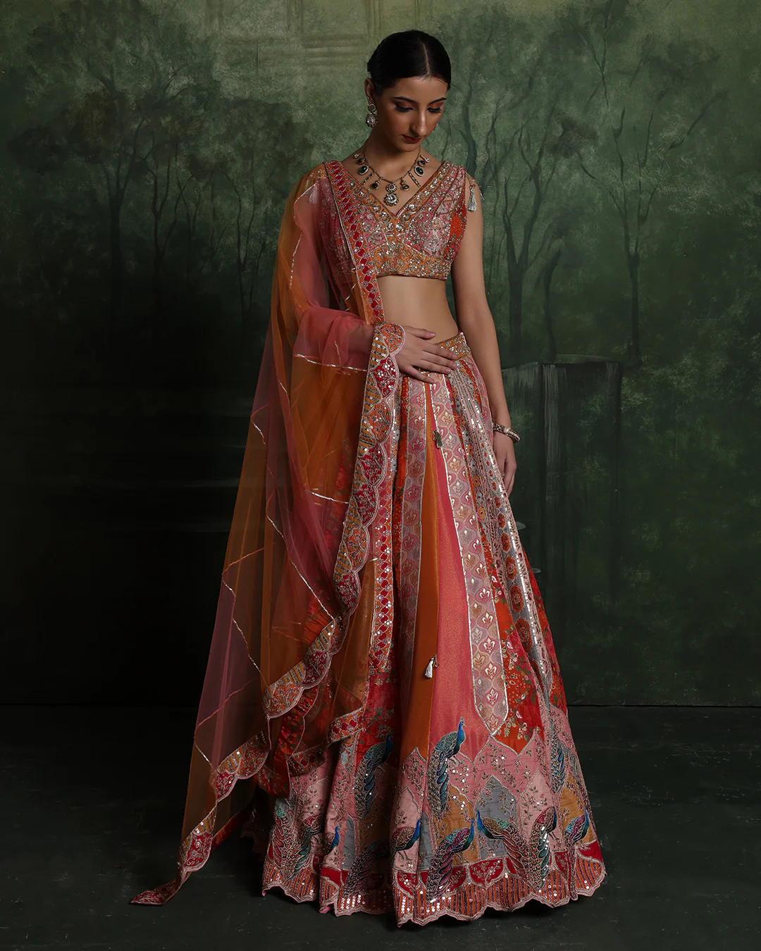 Vibrant Sunset Hues With Peacock Border Lehenga Set - Image 2