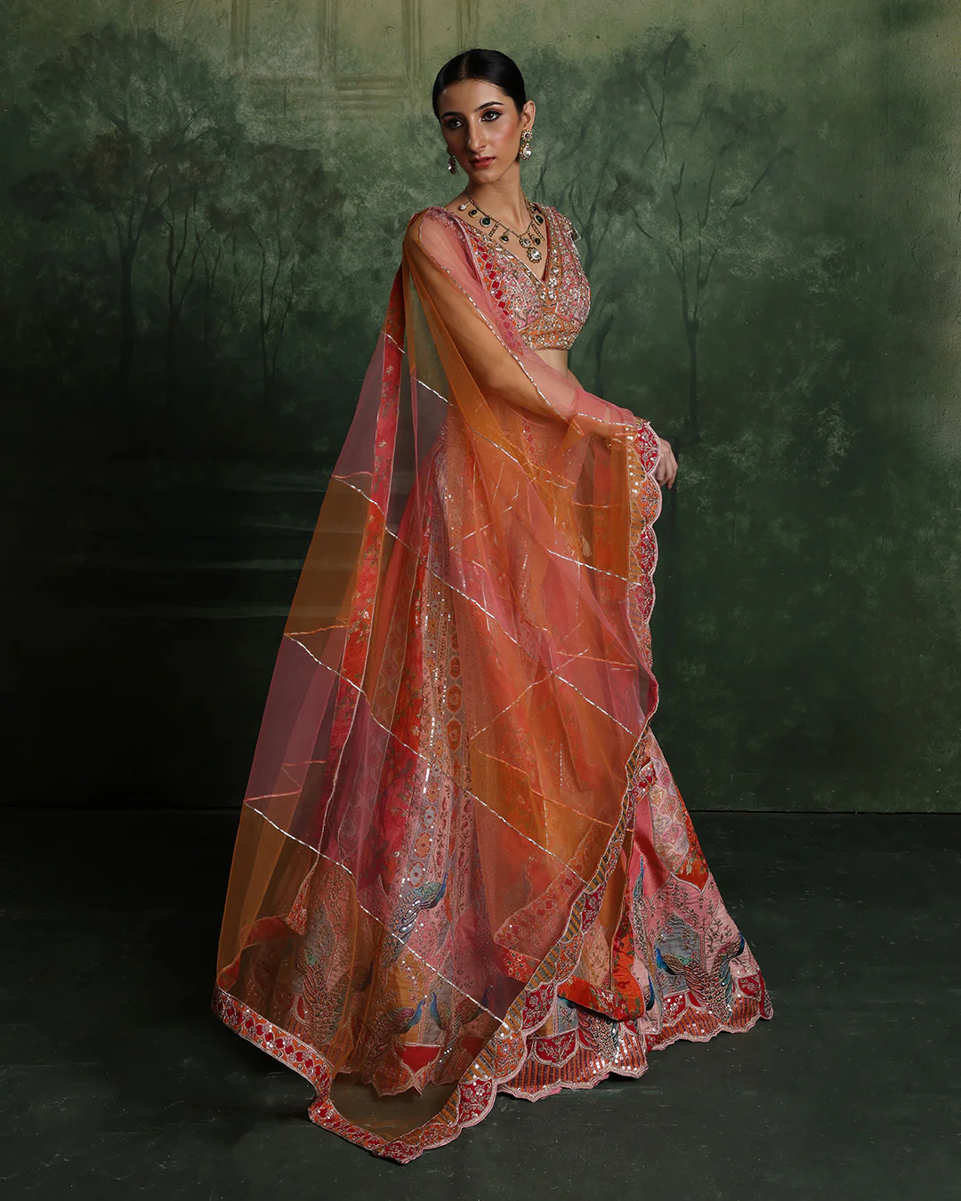 Vibrant Sunset Hues With Peacock Border Lehenga Set - Image 3