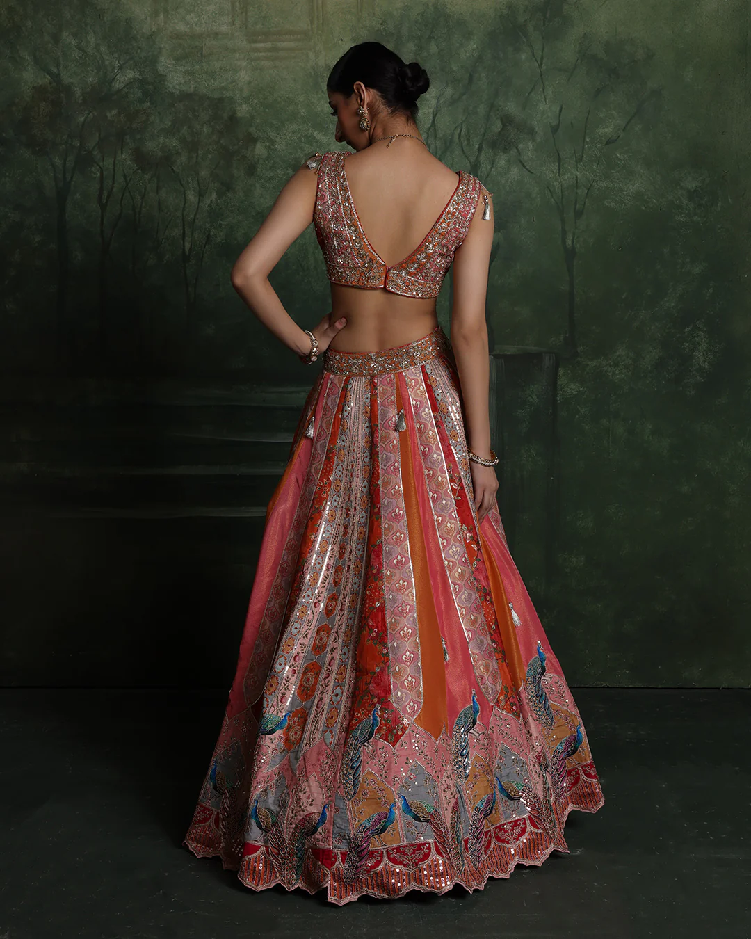 Vibrant Sunset Hues With Peacock Border Lehenga Set - Image 5