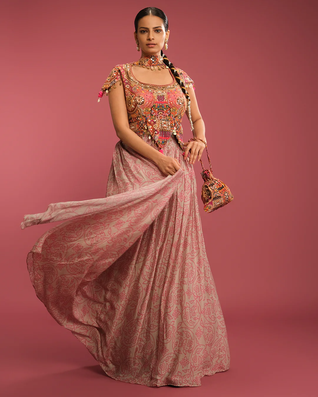 Vintage Rose Bandhej Fusion Lehenga Set