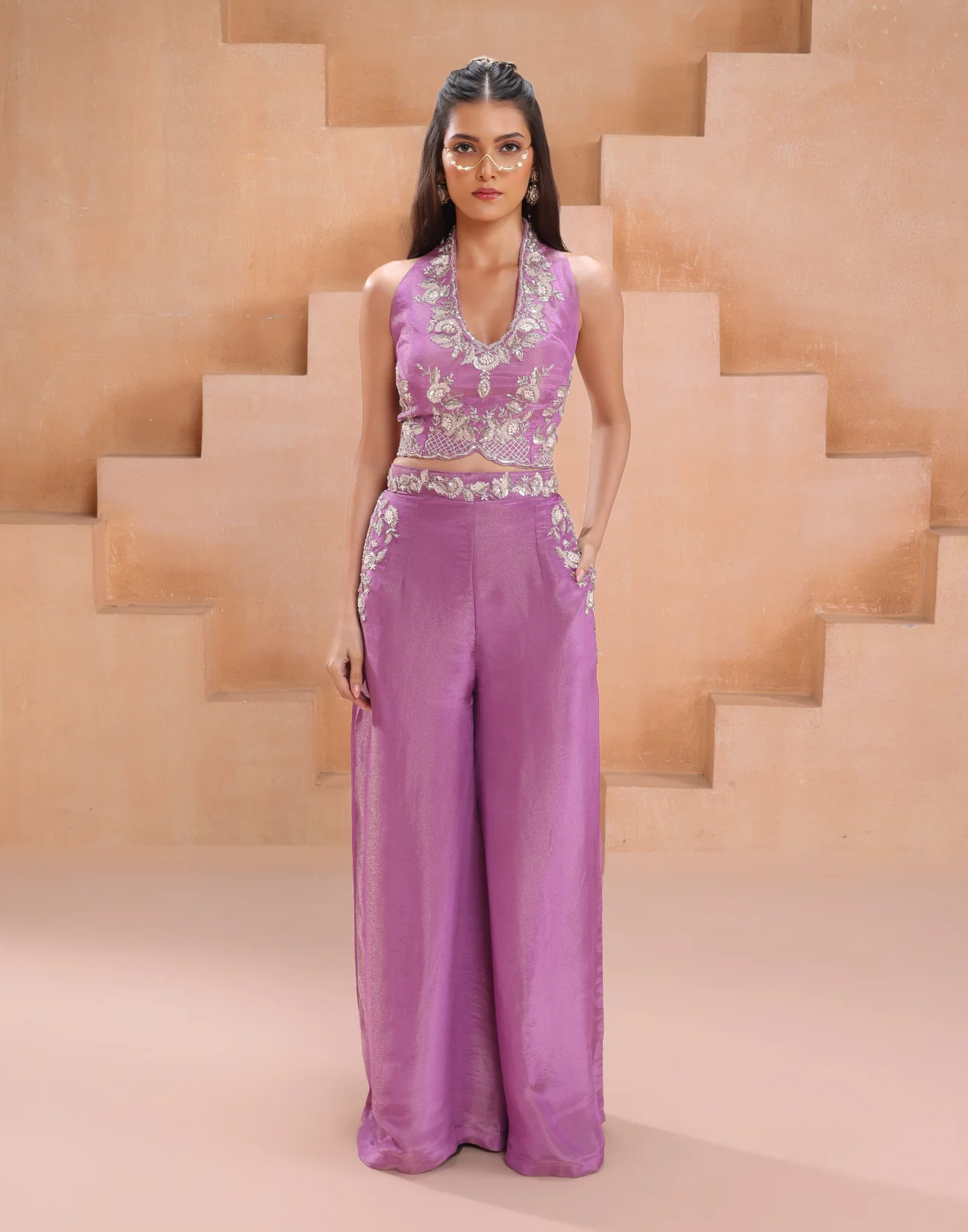 Wanderlust Orchid Embroidered Bustier With Palazzo Indo-Western Suit Set
