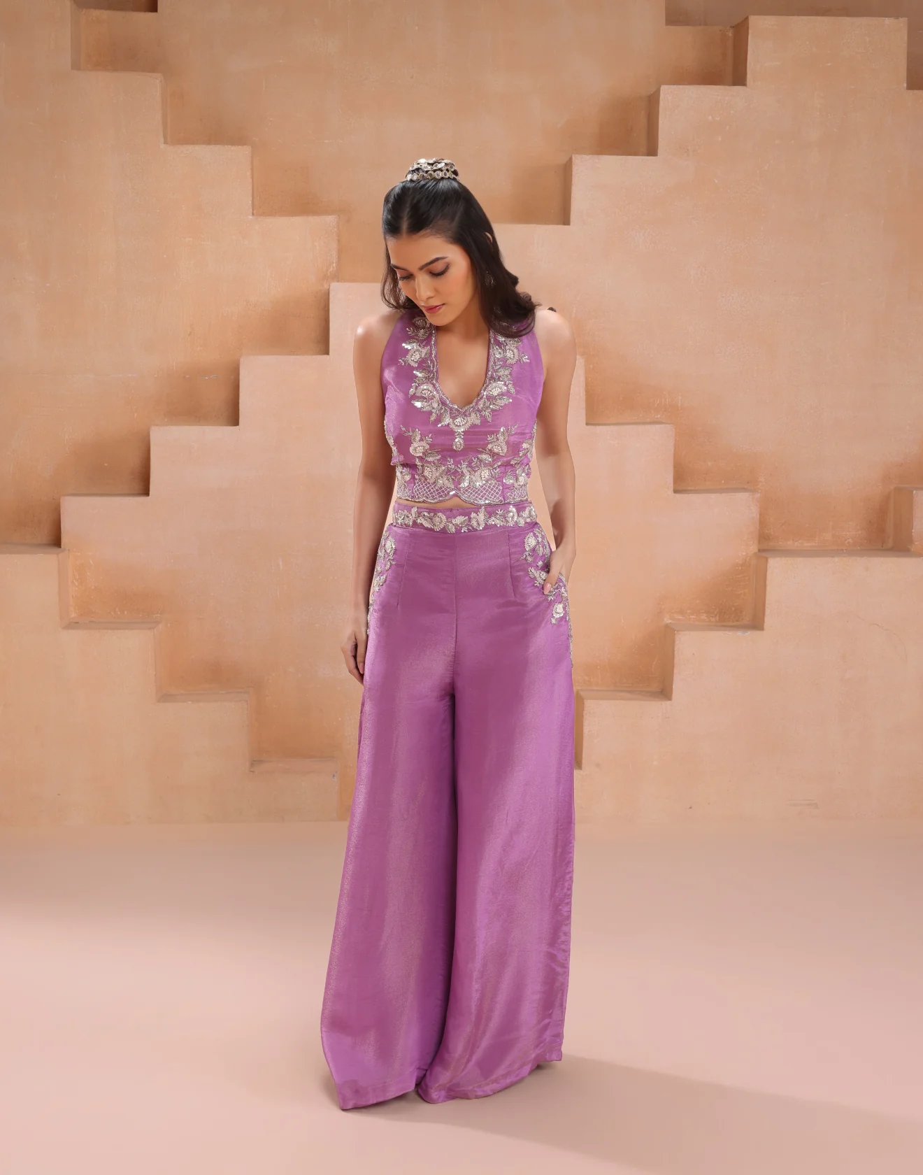 Wanderlust Orchid Embroidered Bustier With Palazzo Indo-Western Suit Set - Image 2