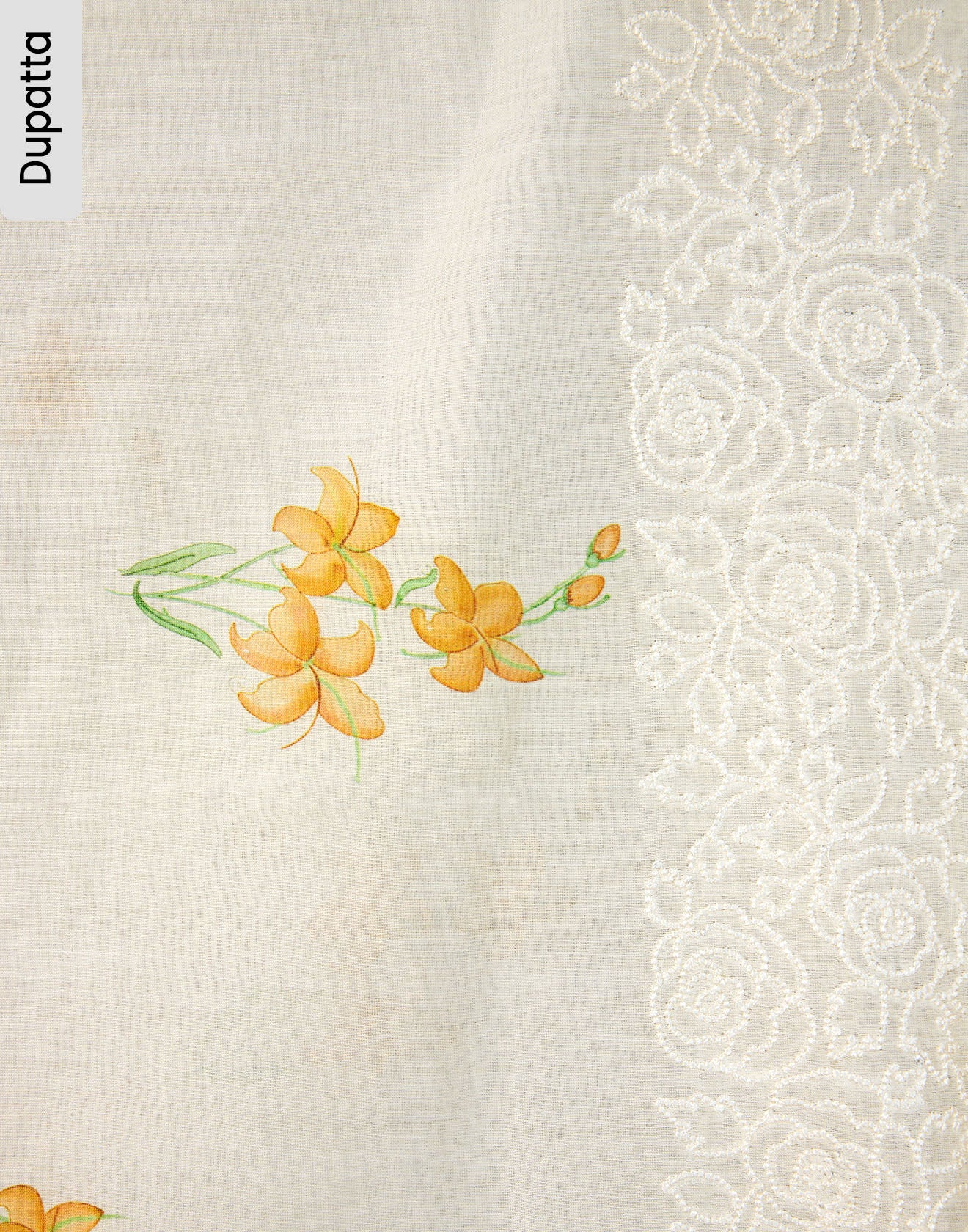 White And Yellow Floral Chanderi Cotton Unstitched Suit Set - Image 4