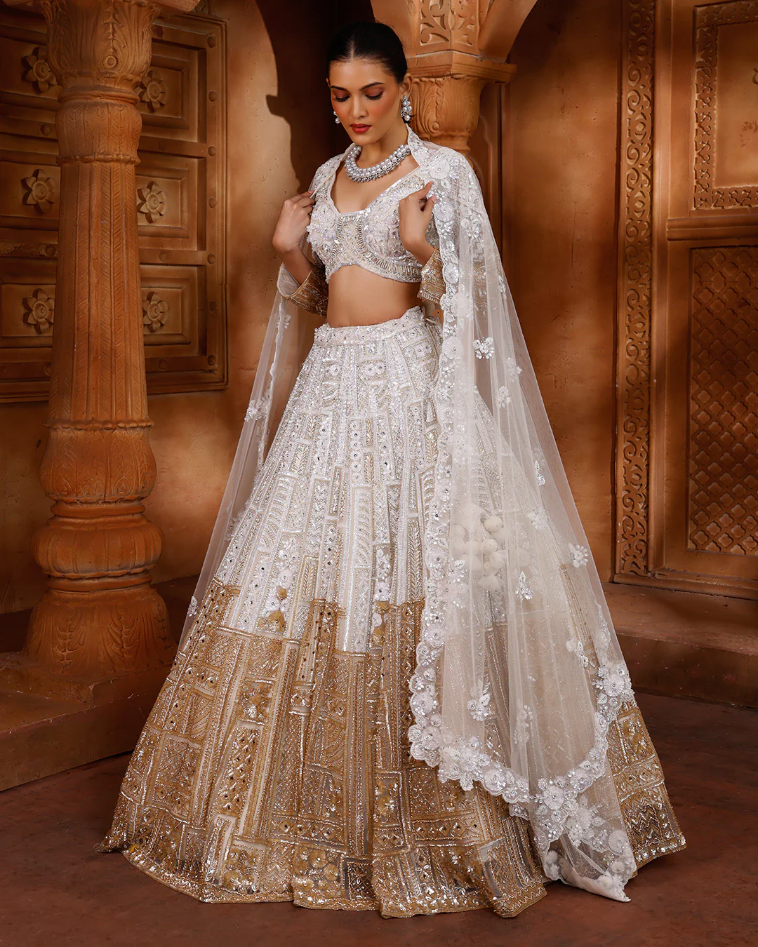White & Bronze Bridal Lehenga For Sangeet - Image 2